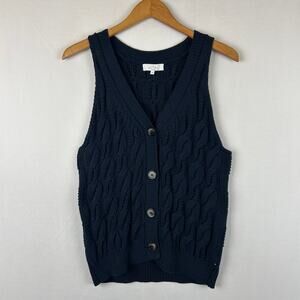Pearl by Lela Rose Cable Knit Cardigan Sweater Vest Navy Blue Women's Size M